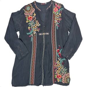JOHNNY WAS Graphite Grey Cupra Rayon Embroidered Pintuck Tunic Boho Blouse Large